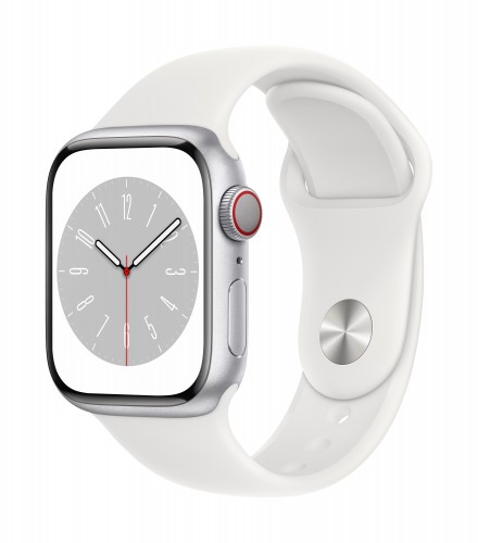 Apple Watch Series 8 GPS + Cellular Silver Stainless Steel Case with White Sport Band - Regular | Unicorn Store