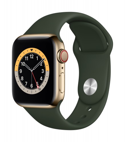 Apple Watch Series 6 GPS + Cellular, 40mm Gold Stainless Steel Case with Cyprus Green Sport Band - Regular | Unicorn Store