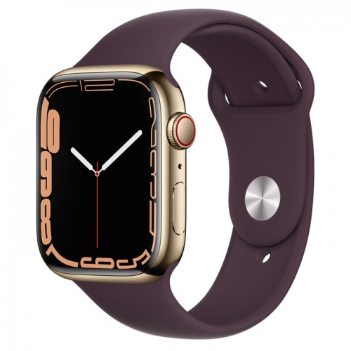 Apple Watch Series 7 GPS + Cellular Gold Stainless Steel Case with Dark Cherry Sport Band - Regular
