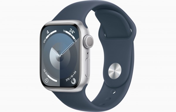 Apple Watch Series 9 GPS Silver Aluminium Case with Storm Blue Sport Band