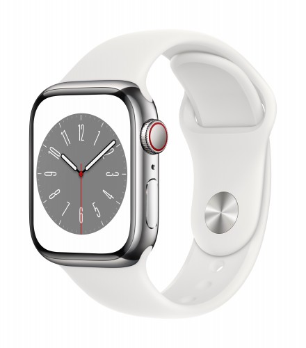 Apple Watch Series 8 GPS + Cellular 41mm Silver Stainless Steel Case with White Sport Band - Regular | Unicorn Store