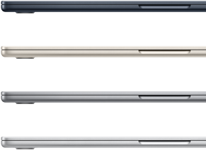 Four MacBook Air laptops showing the finish colors available: Midnight, Starlight, Space Grey, and Silver